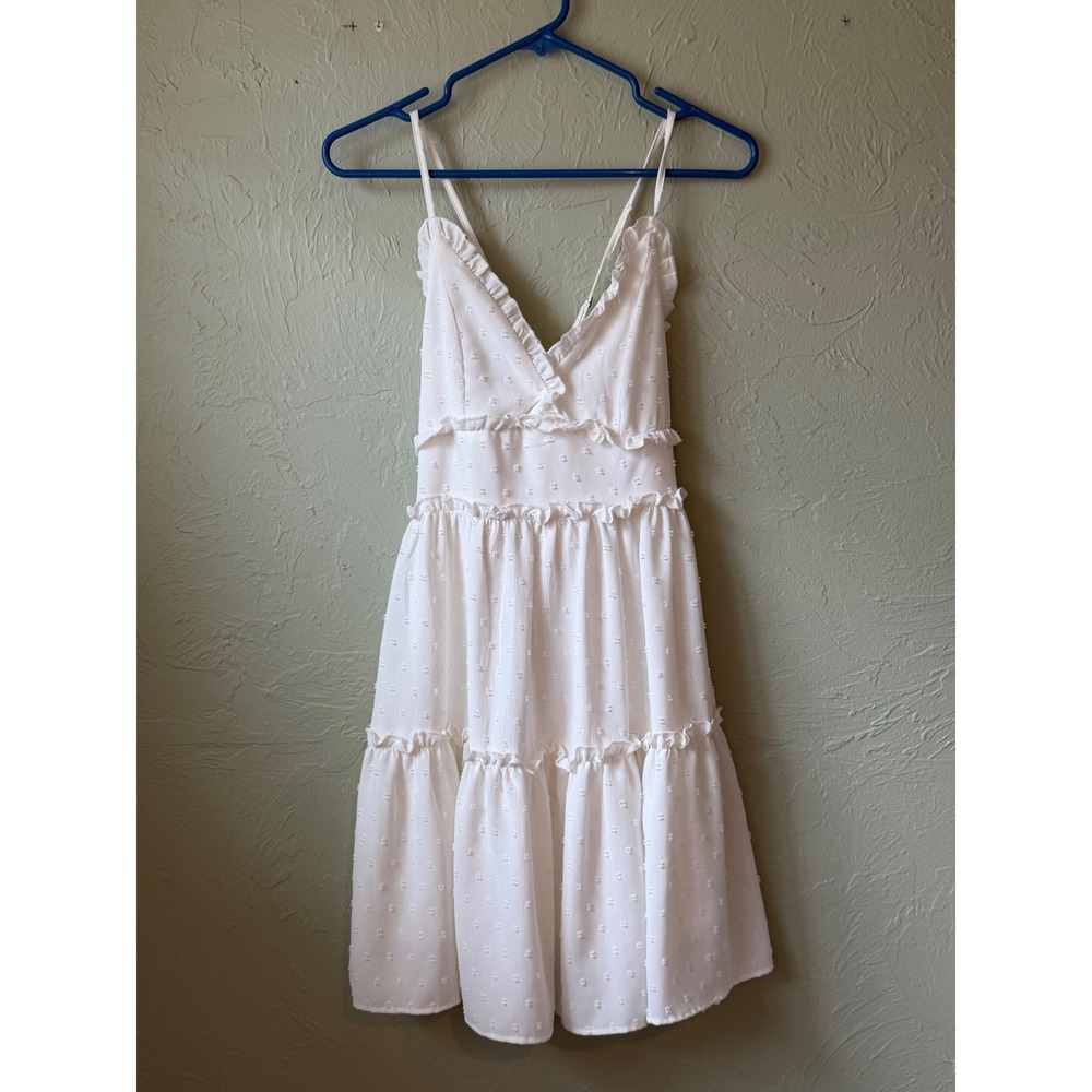 SHEIN White Swiss Dot Tiered Mini Dress Ruffle V-Neck Adjustable Straps Size 2